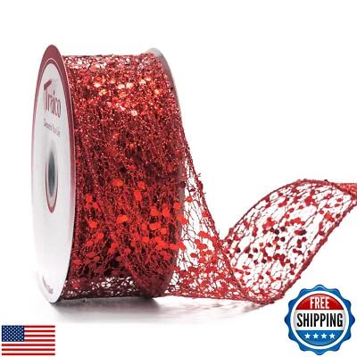 Traico 1.5" Red Sparkling Glitter Mesh Wired Ribbon 10 Yards for Christmas We