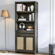 Bookcase with Rattan Doors/Showcase/Display Shelves Storage Stand Rack Midnight Oak