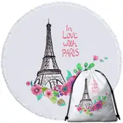Paris Eiffel Tower Drawing and Flowers Round Beach Towel