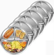6Pack Stainless Steel Kids Plates, Portion Control Platter with 3-Compartment, Unbreakable Dinner Plates, Round Divided Food Tray, Stainless Steel Plate for Adults Kids Camping Lunch Dinner(7.8 Inch)