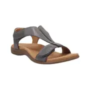 Nevenka Premium Leather Sandals for Women Hook & Loop Closure Flats-Grey