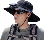 [Holiberty] Mens Mesh Sun Hat with Solar Fan Womens UPF 50+ Cooling Hunting Fishing Cap Wide Brim Waterproof Beach Bucket Hat