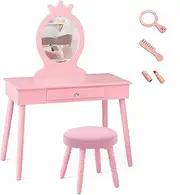 Costway Kids Vanity Makeup Table Set, Princess Vanity Table & Chair Set, Makeup Dressing Table with Drawer and Cushioned Stool, Vanity Desk with Real Mirror for Little Girls (Pink)