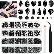qiipii 4080Pcs Black Nail Rhinestones Crystal Flatback Jet Black Rhinestones Round Beads Glass Gems Stones Nail Art Gems Diamonds jewels Multi Shapes Sizes Nail Charms for Nails Eyes Makeup DIY Crafts