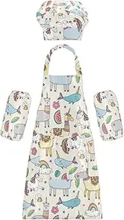 AIXIWAWA Kids Apron Chef Hat Set, Child Kitchen Bib Aprons Adjustable for Cooking Baking Painting (Lovely Llama)
