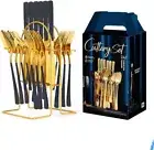 24-Piece Gold Blue Cutlery Set - Mirror Polished Gold Stainless Steel Cutlery Se