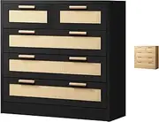 [ALFORDSON] Dresser with 5 Drawers Hallway Tallboy, Rattan Chests of Drawers with Handles, Bedroom Living Room Side Cabinet Standing Storage Cupboard, Indoor Furniture Home Organiser Sideboard, Black