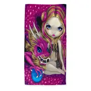 Shimmering Pink Dragon and Beautiful Big Eyed Girl Microfiber Beach Towel