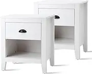 Oikiture Bedside Table Drawer Cabinet — Twin Nightstand Set with Retro Lines for Bedroom or Living Room White