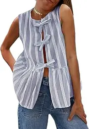 [FOMOYUU] Women Y2K Striped Peplum Tops Tie Front Sleeveless Babydoll Blouse Ruffle Hem Lace Up Shirt Summer Going Out Tanks