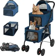 BDL Double Dog Stroller for 2 Dogs/Cats - Folding 4-Wheel Pet Stroller With Removable Travel Carrier for Small/Medium Pets (Blue)