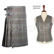 Men's Scottish Highland 5 Yard Black Watch Weathered Waistcoat with Kilt outfit