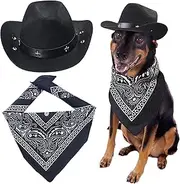 Yewong Pet Cowboy Costume Accessories Dog Cat Pet Size Cowboy Hat and Bandana Scarf West Cowboy Accessories for Puppy Kitten Party Festival and Daily Wearing Set of (Black hat+Black Bandana)