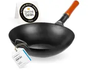 Yosukata Carbon Steel Wok Stir Fry Pan with Flat Bottom Black Durable Cookware