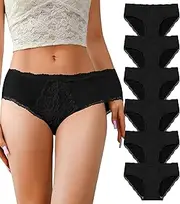[OLIKEME] Womens Underwear Cotton Low Waisted Bikini Panties Sexy Lace Hipster Soft Breathable Stretch Ladies Briefs 6 Pack