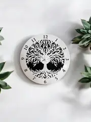 Tree of Life Round Wall Clock - White and Black - Silver hands – 38cm