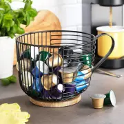 Coffee Pod Holder Large Capacity Black Wire Kup Storage with Wooden Base