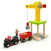 Wooden Train Track Accessories Wooden Crane Toy Set with Train Cars for 3 4 5...