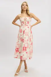 Red Abstract Midi Dress Ribbon Detail Strappy - Size 16XL, Women's Midi Dress
