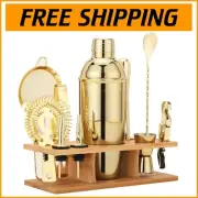 Professional Gold Bartending Set, 11-Pc Cocktail Kit with Mixing Spoon & Stand