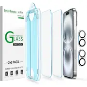 [2+2 Pack] amFilm OneTouch for iPhone 16 6.1" Screen Protector Guard with Tempered Glass Camera Lens Protector. Easiest to Installation, Bubble Free, Full Coverage Case Friendly