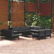 12 Piece Garden Lounge Set with Cushions Black Solid Pinewood, Patio Furniture Sets