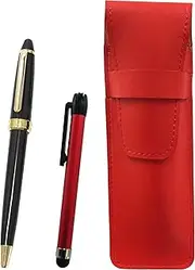 Slim cowhide leather pen case red metal touch stick red and Neo D-600 ballpoint pen set black ASR-ALR-600B-B