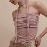 Set: Plain Ruched Tube Top + Scarf With Scarf - Pink - L