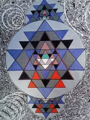 Sri Yantra Drawing - metallic and black ink - One of a kind - 9 x 12