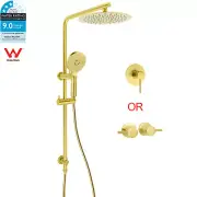 Brushed Gold Round 10" Rain Shower Head 3 Mode Handheld Long Rail Set Mixer/Taps