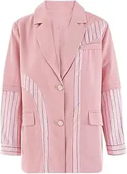 [Sweejim] Women Irregular Spliced Striped Blazer Fashion Single Breasted Long Sleeve Loose Fit Jacket