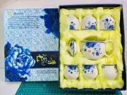 Chinese Porcelain Blue White Floral Design Teapot & Cups Set of 6 Boxed New