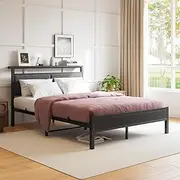 FOUBAM Queen Size Bed Frame with Fabric Upholstered Headboard,Platform Queen Bed Base with Storage Headboard,and Slats Support, Mattress Foundation/No Box Spring Needed/Easy Assembly (Black)