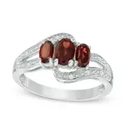 Oval Garnet and White Topaz Three Stone Bypass Ring in Sterling Silver