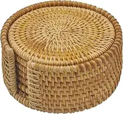 Set 6 Pcs with Holder Handwoven Rattan Coasters - Cup Base Plates & Dishes Insulated Hot Pads Pot - Living & Dining Room Kitchen Accessories (Rattan, 4" Round)