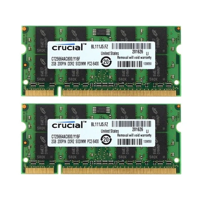 Crucial 4GB Kit (2x 2GB) DDR2 800MHz Laptop Memory PC2-6400S SODIMM RAM Notebook