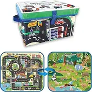PicassoTiles 2PK Storage Bin Toy Box & Playmat with Foldable & Collapsible Reversible Car and Animal Theme Car Trunk Organizer Travel Portable Tote Education Learning Kit Boys Girls Ages 3 & Up PTA32