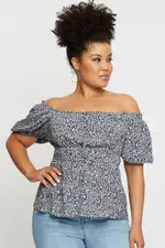 Ditsy Print Plus Short Puff Sleeve Elasticated Waist Top
