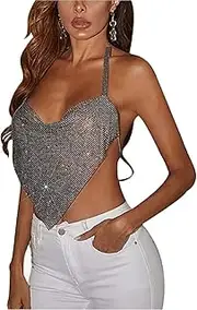 [Generic] Women Sexy Shiny Rhinestone Backless Crop Top Cowl Neck Chain Tank Tops Shirt for Party Night Club Outfit