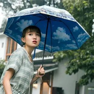 晴雨傘兩用女 夏天復古油畫藍天雙層不透光銀膠三折疊遮陽傘