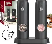 CIRCLE JOY Electric Salt and Pepper Grinder Set Rechargeable Pepper Mills with Dual Charging Base, Brush, White LED Light, Adjustable Coarseness and One Hand Automatic Operation, Black