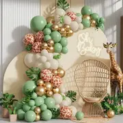 137pcs Jungle Theme Balloon Garland Arch Kit - Sage Green Sand Giraffe Print Balloons - Wild One Baby Shower Birthday Party Decorations