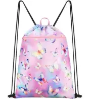 Drawstring Backpack for Kids - Girls Waterproof Swim Bag for Pink Butterfly