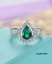 2CT Pear Shape Real Emerald 14K White Gold Over Twisted Engagement Jewelry Ring