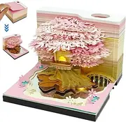 Memo Pads Paper Art - 3D Notepad Creative Tree House - 3D Memo Pad Desktop Décor with Light, Time Piece Calendar, 2025 3D Memo Pad Calendar, Creative 3D Desk Calendar (Pink)