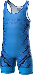 [Extreme Hobby] Children's Black Panther Professional Compression Suit for Competitions, Wrestling Singlet, blue, 116