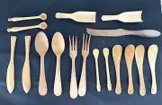 Lot of 17 Pcs Wooden Eating Serving Spoons Forks Knives Pine Walnut Cherry Plus