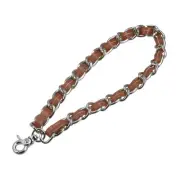 Leather Wristlet Strap, 8" Hand Wrist Lanyard Bag Key Chain Holder, Brown+Silver