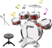 Kid Drum Set for Toddlers 1-5, Jazz Toy Drum Kit w/ 5 Drums, Stool, Gift Idea