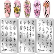 PH PandaHall 3pcs Border Flowers Nail Stamp Plates, Geometric Line Flowers Nail Stamper Plant Nail Art Stencils Print Nail Stencils Stainless Steel Nail Picture Plate for Nail Art Design
